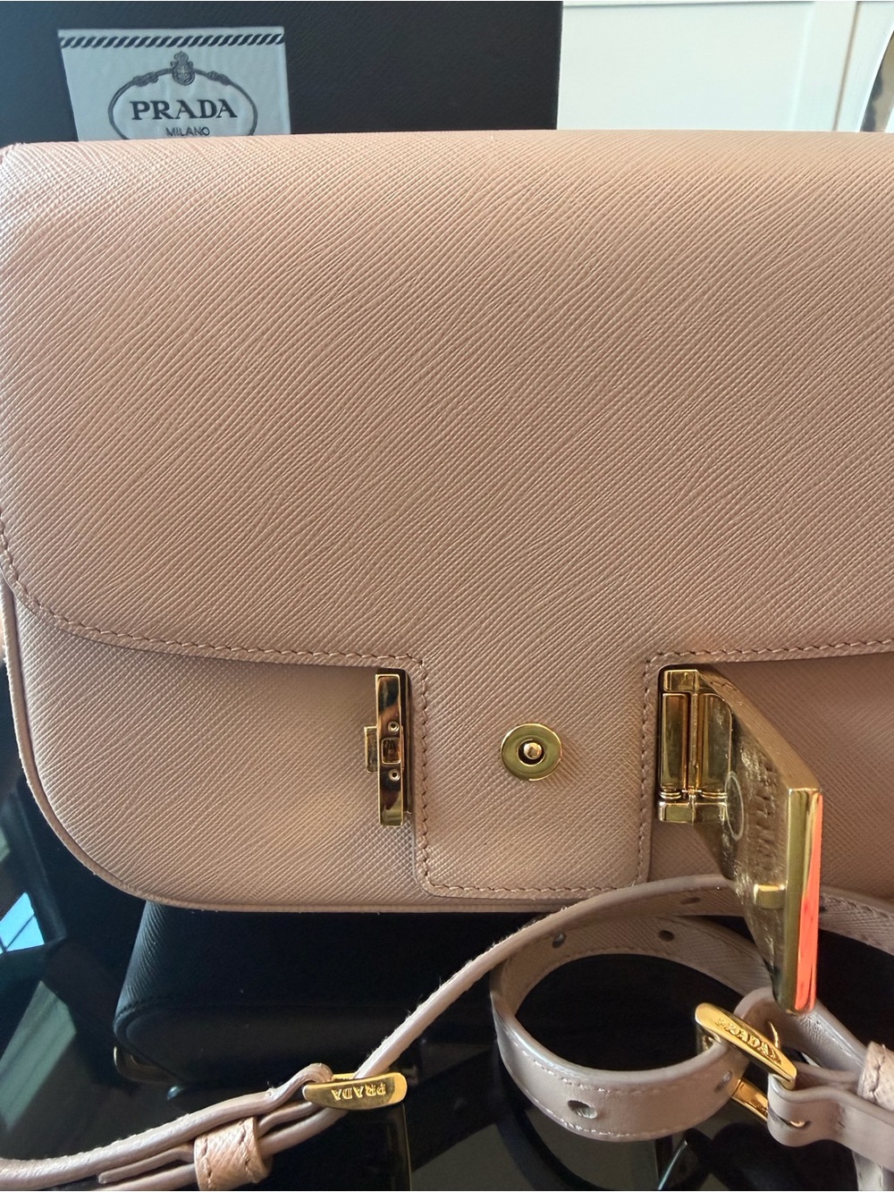 Prada Cipria Saffiano Lux Embleme Flap Shoulder or Crossbody Bag w/Gold Hardware - Picture 9 of 11